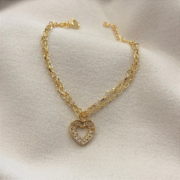 Pulseira Dupla Coração Vazado Zirc Baguete Banhada Ouro