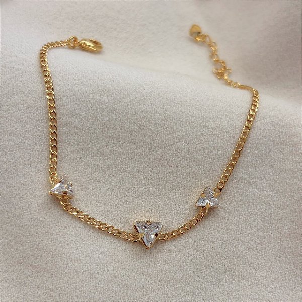 Pulseira Trillion Groumet Delicada Cravejada Banhada em Ouro