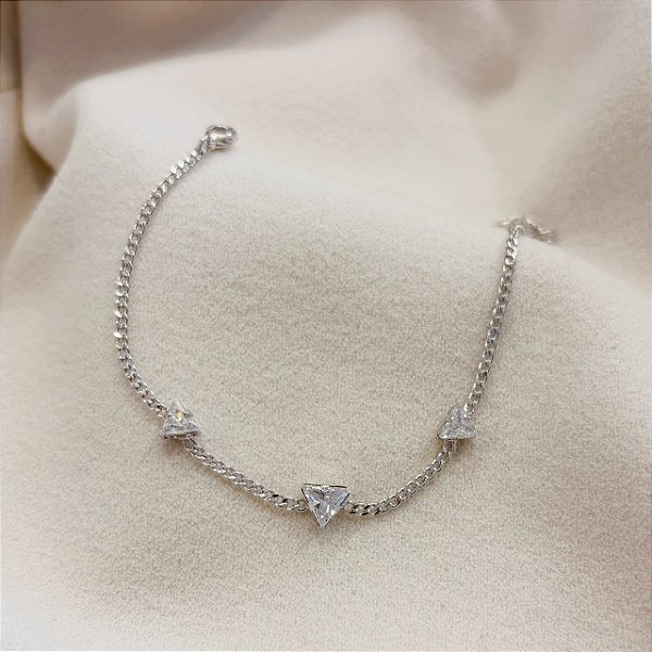 Pulseira Trillion Groumet Delicada Cravejada Banhada em Ródio