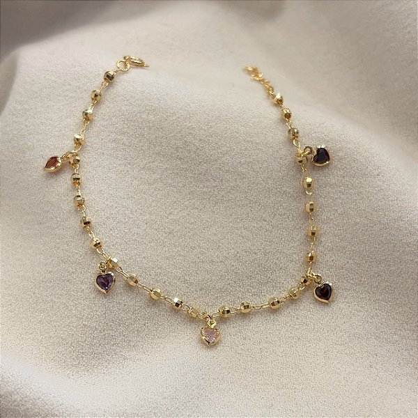 Pulseira Corações Coloridos Bolinha Diamantadas Banhada Ouro