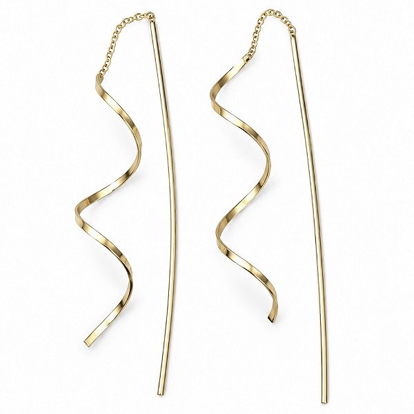 Brinco Longo Espiral Cachos Espelhado Banhado em Ouro