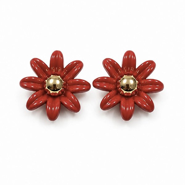 Brinco Flor Gerbera Vermelha Banhado em Ouro