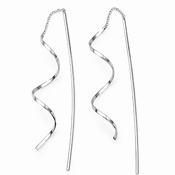 Brinco Longo Espiral Cachos Espelhado Banhado em Ródio