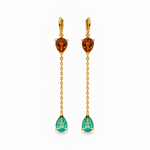 Argola Fio Cravejado Gota Conhaque e Verde Banhado Ouro