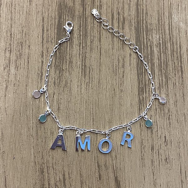 Pulseira Pingentes AMOR e Zircônias Coloridas Banhado Prata