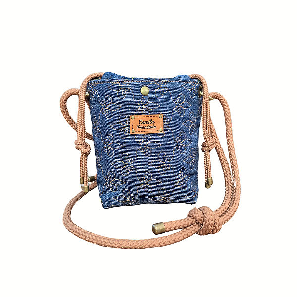 Bolsa Jeans Pequena Tipo Bucket – com alça tiracolo regulável de cordão