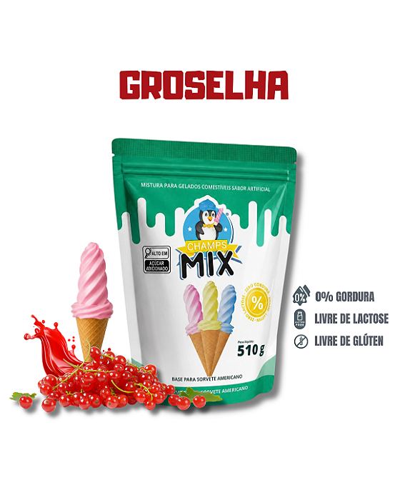 PREPARO MIX MISTURA EM PÓ P/ SORVETE AMERICANO CHAMP'S - GROSELHA VERMELHA