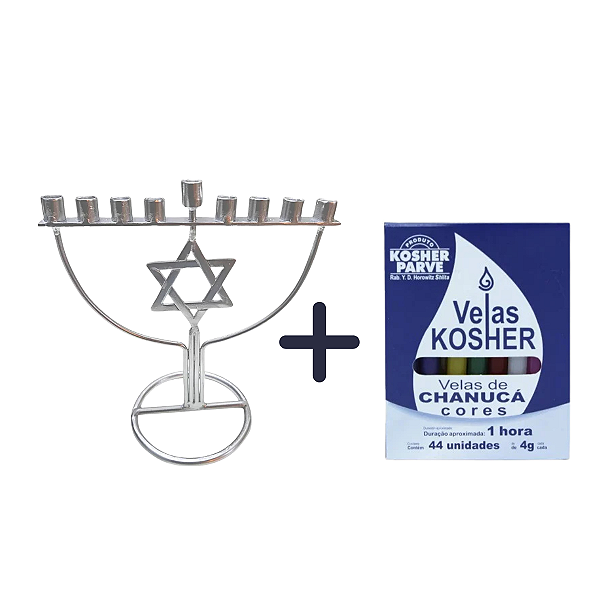 Kit: Chanukiá Prateada Estrela + Caixinha de Velas para Chanuká