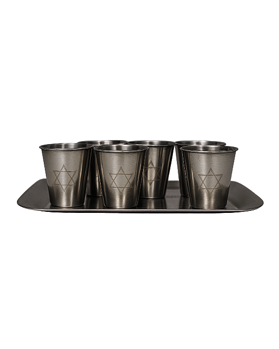 Kit para Kidush – 6 Copos com Bandeja em Aço Inoxidável