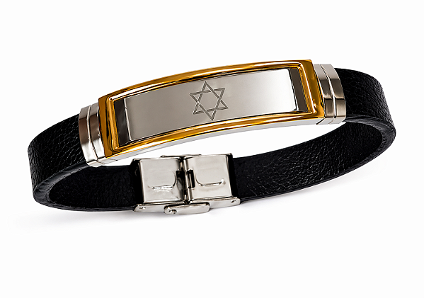 Pulseira de Couro e Aço - Estrela de David