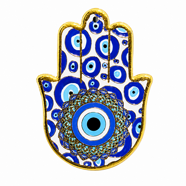 Hamsa de Porcelana Olho Grego e Mandala - Enfeite de Parede
