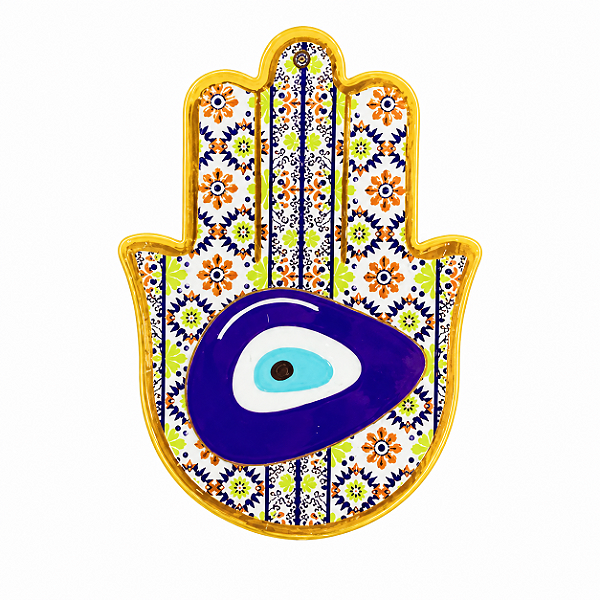 Hamsa de Porcelana Olho Grego e Flores - Enfeite de Parede