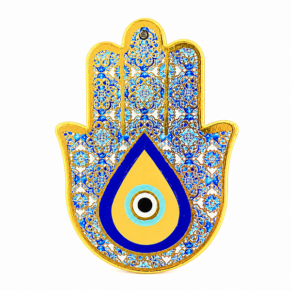 Hamsa de Porcelana Olho Grego e Flores Azuis - Enfeite de Parede