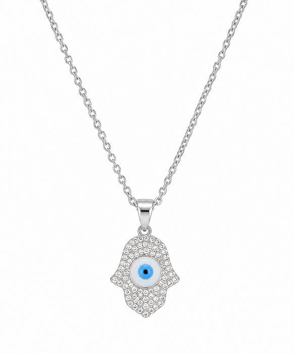 Colar Hamsa Com Olho Grego Azul Repleta de Zircônias - Prata 925