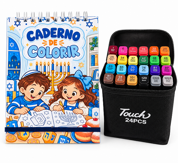 Caderno de Colorir Judaico Infantil com Kit de 24 Canetas