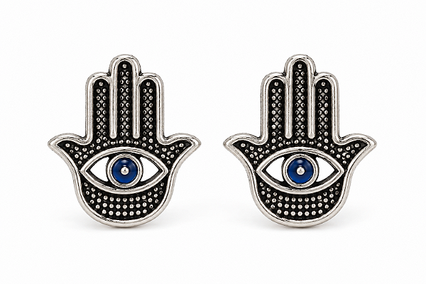Brinco Hamsa com Olho Grego Azul em Prata Envelhecida