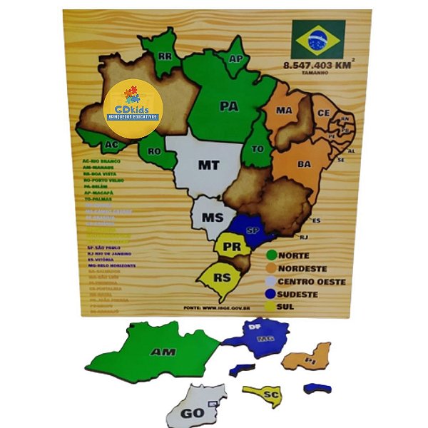 Quebra Cabeça Mapa do Brasil com Estados e Capitais Madeira