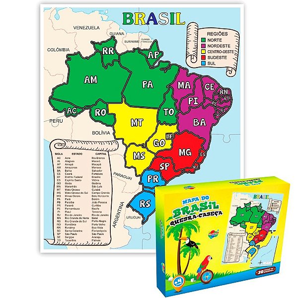Quebra Cabeça Mapa do Brasil 30 peças em MDF Brinquedo Educativo e Pedagógico