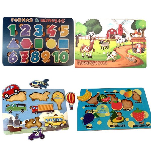 Kit 4 Brinquedos Educativos e Pedagógicos de Encaixe em MDF Quebra Cabeça Educativo Frutinha Transporte Fazendinha Formas Geométricas Números Quebra Cabeça Infantil