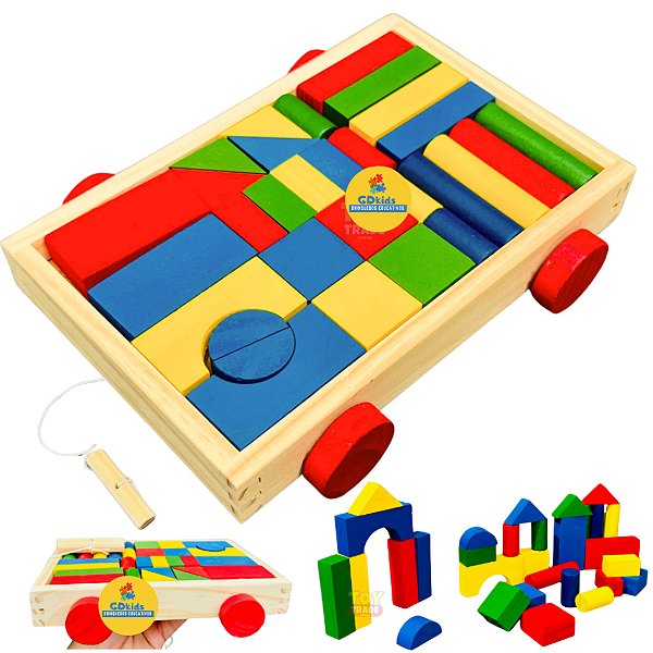 Carrinho Blocos De Montar Colorido 30 peças em Madeira Brinquedo Educativo Pedagógico Montessori
