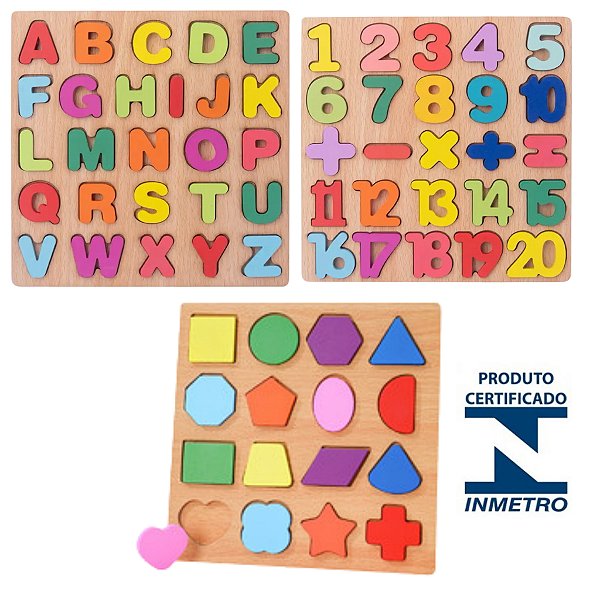 Kit 3 Quebra Cabeças Educativos MDF Alfabeto Números e Formas Geométricas