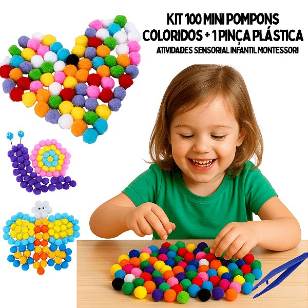 Kit Sensorial Educativo Montessori 100 Mini Pompons Coloridos + Pinça Plástica Coordenação Motora