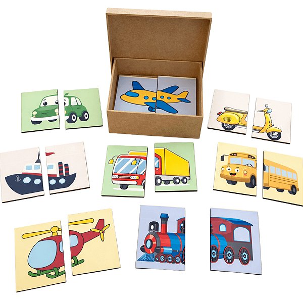 Brinquedo Educativo Quebra Cabeça 2 Partes Veículos Meios de transportes Madeira Jumbo Caixa Mdf