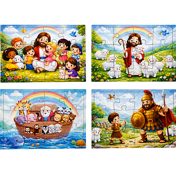Quebra Cabeça Infantil Cristão MDF 12 Peças Educativo Arca de Noé Jesus Crianças Davi e Golias Brinquedo Bíblico