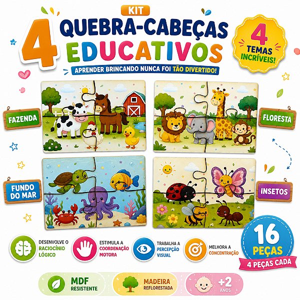 Kit 4 Quebra Cabeças Infantil MDF Animais