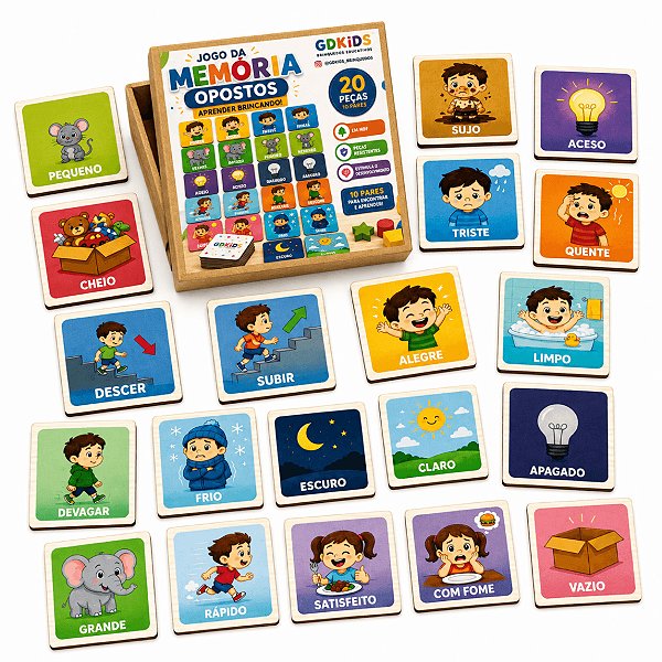 Jogo da Memória Opostos Infantil 20 Peças MDF Educativo 10 Pares Brinquedo Pedagógico