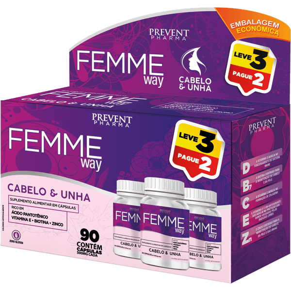 Femme Way Cabelo & Unha Leve 3 Pague 2 - 90 Cápsulas Prevent Pharma
