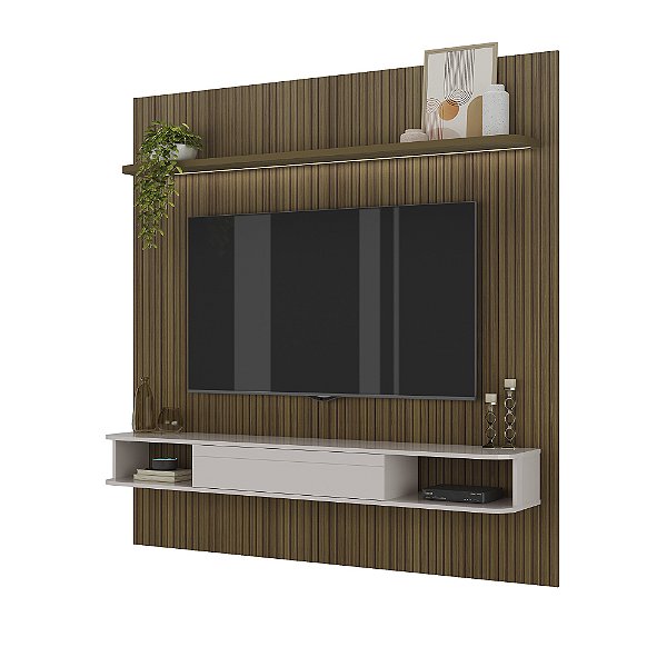 Painel com LED 183cm para TV até 75 Polegadas Belluno - Pinho Ripado 3D / Off White
