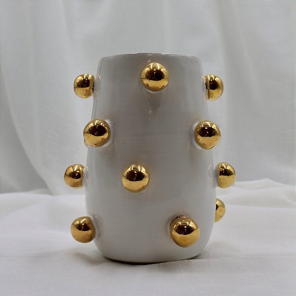 VASO NINA BRANCO COM BOLOTAS OURO AMARELO