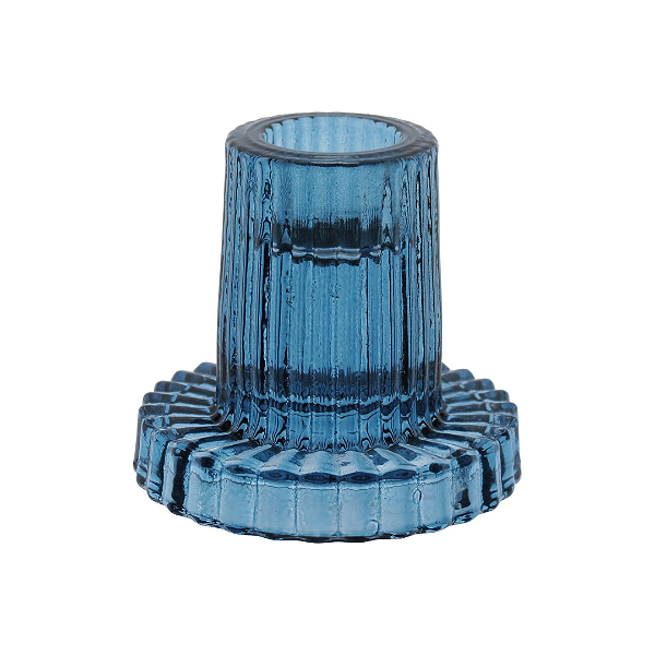 CASTIÇAL EM VIDRO CANELADO AZUL