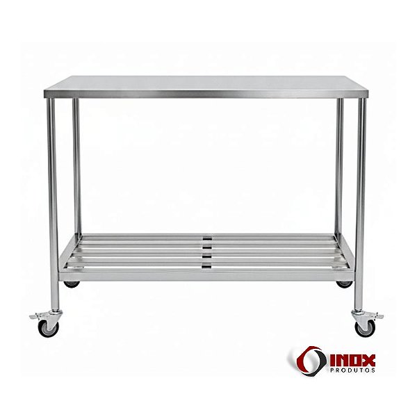 Mesa Industrial em Aço Inox com Prateleira Gradeada e Rodízios | M05 – Inox 304 ou 430