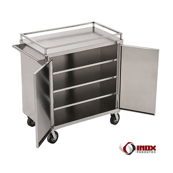 Carrinho 17 - Carrinho Inox Fechado Para Transporte De Alimentos - Com 3 prateleiras internas e Rodízios Pneumáticos
