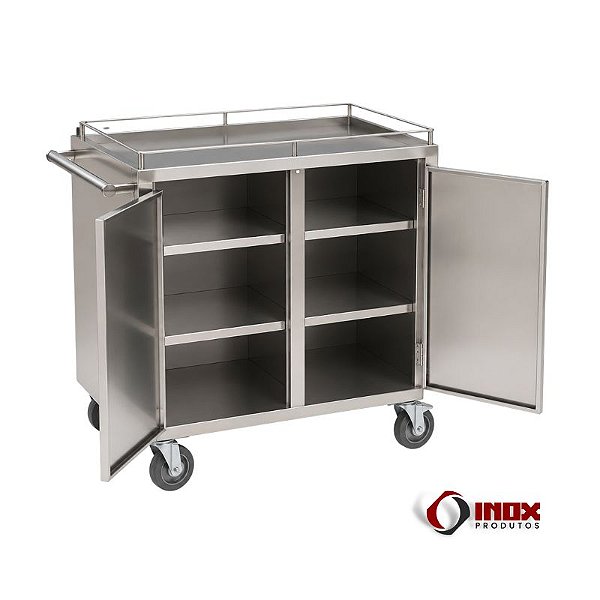Carrinho 18 - Carrinho Inox Fechado Para Transporte De Alimentos. Com 2 Prateleiras Internas e Rodízios Pneumáticos