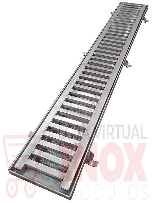GRELHA DE PISO INDUSTRIAL SUPORTA VEÍCULOS EM INOX 304- GRELHA, CAIXILHO E TELA COLETORA DE RESÍDUOS