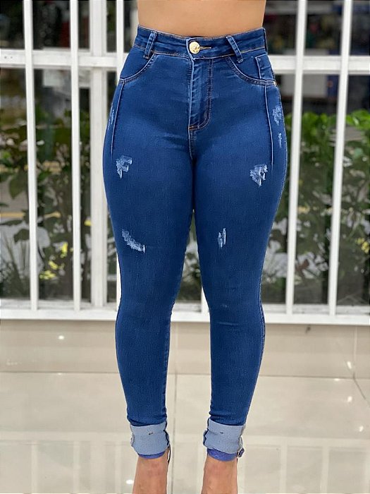 Calça Jeans Super Skinny Feminina Cintura Alta com Puídos Frontal e pa -  Fla Jeans Moda