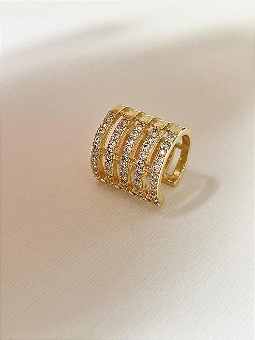 Piercing Cinco Aros Frente Cravação Zircônias Brancas Banhado a Ouro
