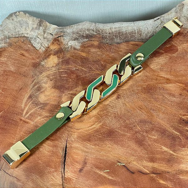 Pulseira de Couro e Bridão  Banhado a Ouro