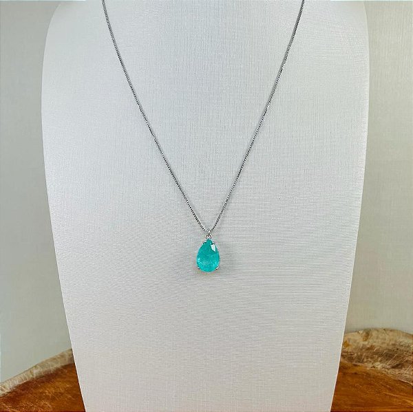 Corrente com Pingente Gota Turmalina Folheado a Ouro Branco