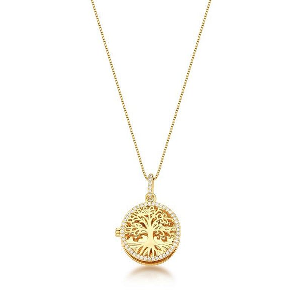 Colar com Pingente Relicário Árvore da Vida Banhado a Ouro
