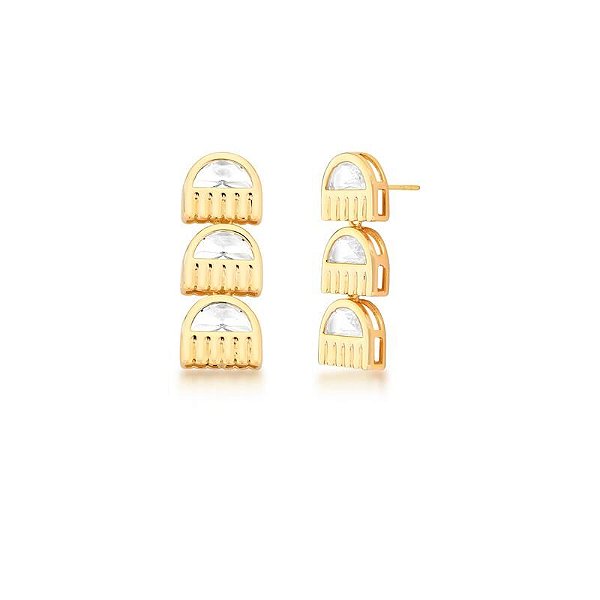 Brinco Pêndulo Texturizado e Cristal Banhado a Ouro