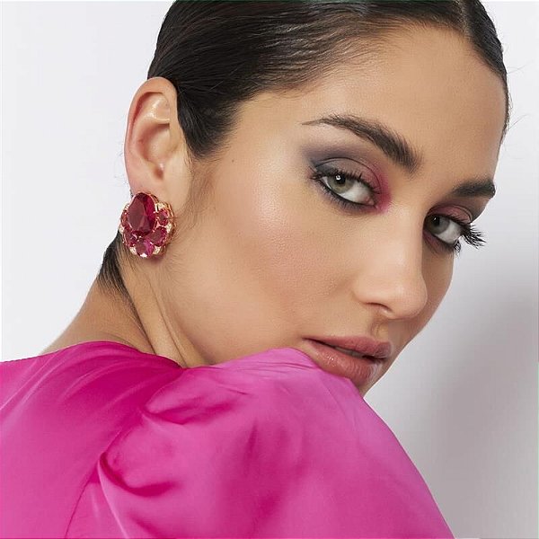 Brinco Cristais Ovais Pink e Zircônias Brancas Banhado a Ouro
