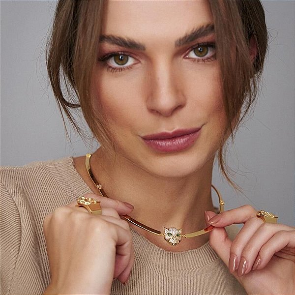 Chocker com Pingente de leopardo Cravejado de Zircônias Brancas