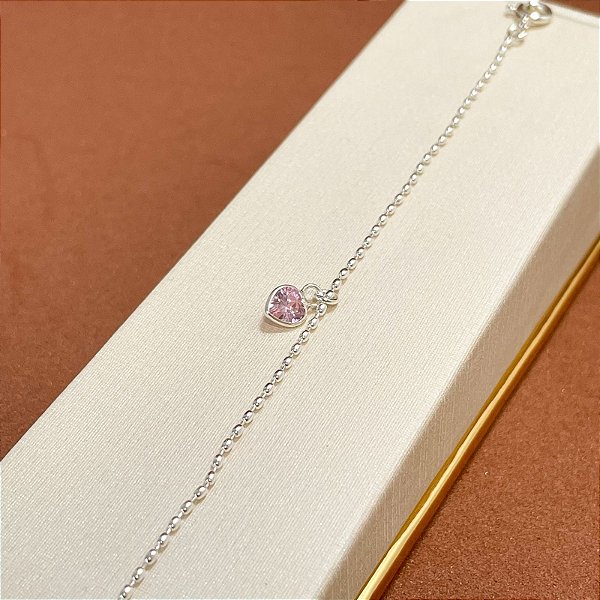 Pulseira Kids Coração Rosa Prata 925