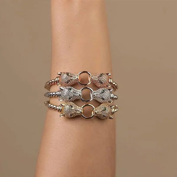 Bracelete com Leopardos Brancos Banhado a Ouro