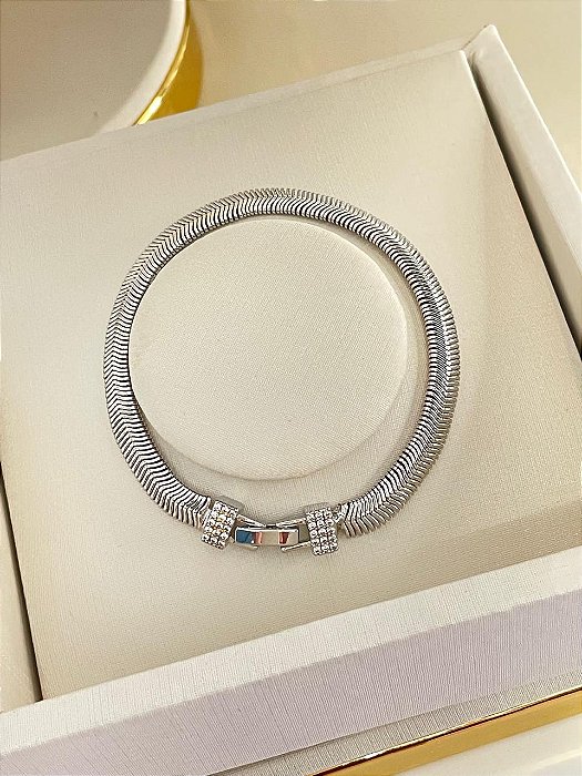 Pulseira Malha Laminara no Ródio com Fecho Cravejado