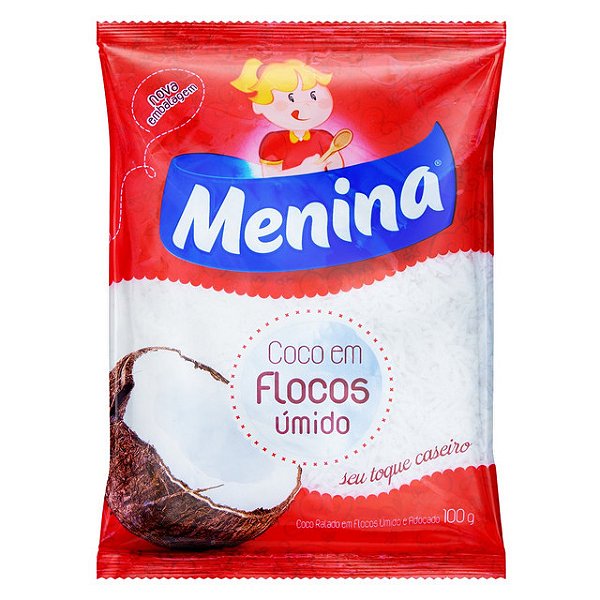 Coco Ralado Menina Flocos Umido Adocado 100Gr - Embalagem 24X100 GR - Preço Unitário R$4,64